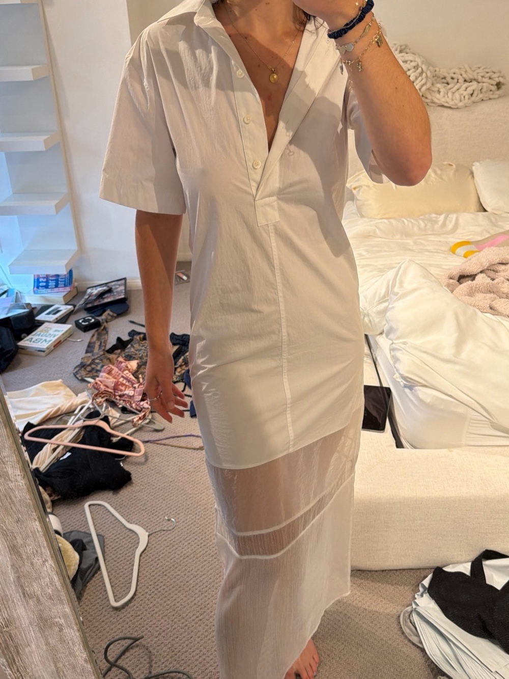 Helmut Lang White Short-Sleeve Sheer-Hem Maxi Shirt Dress